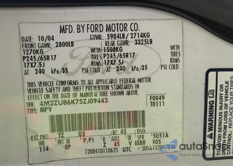 2005 Mercury Mountaineer from USA, damaged, VIN 4M2ZU86K75ZJ09443